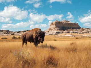 an american bison standing in a vast golden grassland under bright daylight, dramatic mesa rock formation in the background