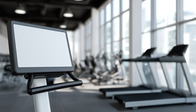 blank digital screen on fitness machine in modern empty gym interior, blurred background with treadmills and exercise machine