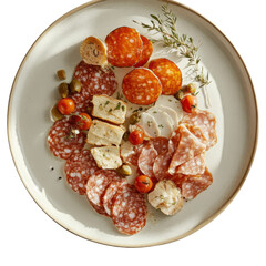 Gourmet charcuterie platter with sliced meat cheese herbs and olives