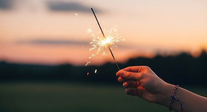 Hand Holding Sparkler at Sunset on 4th of July – Realistic Photo