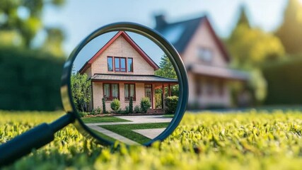 Focused Home: The perfect house comes into view, highlighted with a magnifying glass. A sunny day adds joy to this picturesque moment.