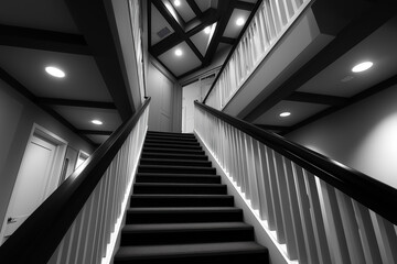 Obraz premium Modern Staircase Interior in Black and White Architectural Design with Geometric Ceiling and Railing