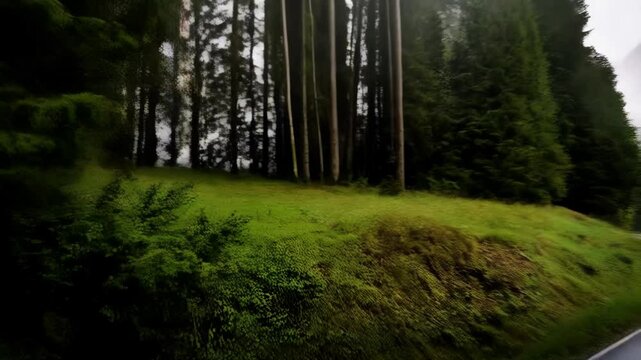 Winding asphalt road passing through a dense forest covered in fog, with lush green trees on either side during a misty day