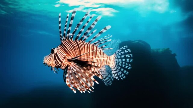 A lionfish swimming in the ocean with its striped body and spiky fins in deep blue water video