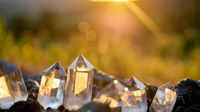 Clear quartz crystal points cluster gleaming in golden sunlight outdoors on dark rocks, spiritual healing concept, bright and peaceful atmosphere