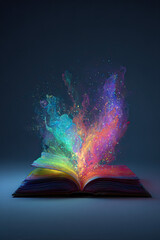 Open book, colorful magic, glowing light, fantasy, creative imagination, dark background