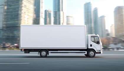 side view of blank white commercial delivery truck driving on city street, clean cargo area ready for branding or advertisement mockup