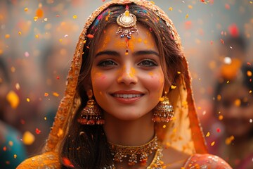 Celebrating Holi festival with joy, vibrant colors, and cheerful expressions among friends in a lively urban setting