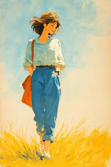 Young woman, casual clothing, blue sky, yellow grass, relaxed, Japanese style painting