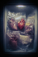 Human organ, heart, medical, preserved, plastic bag, cold storage, dramatic lighting