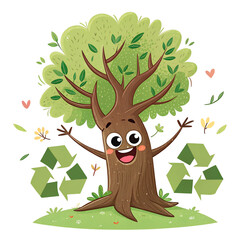 Naklejka premium Eco-Friendly Tree: A cheerful cartoon tree embraces the essence of eco-consciousness. Green recycling symbols symbolize a commitment to environmental protection.