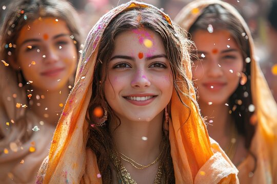 Vibrant celebration of Holi festival with joyful dancers amidst a colorful explosion of powders and radiant sunlight