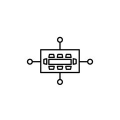 Meeting Room Connectivity Icon: Networked Business Concept with Boardroom Table Outline and Connection Points for Seamless Collaboration