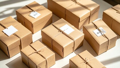 A collection of neatly packaged brown cardboard boxes tied with twine, showcasing organization and preparation for shipping.