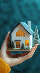 Hand holding a miniature house model with vibrant windows and trees set against a captivating blue backdrop