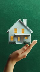 Hand holds a model house with vibrant windows against a lush green background, showcasing hyperrealistic design and 3D rendering