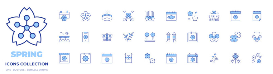 Spring icons collection. Line Duotone style, editable stroke. springtime, spring, hot spring, spring break, flowers, calendar, sakura, collar, plant, butterfly.. springtime, spring, hot spring