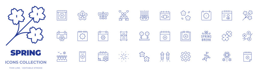 Spring icons collection. Thin Line icons, editable stroke. springtime, sabzeh nowruz, dandelion, calendar, flowers, mobile phone, cherry blossom, plant.. springtime, sabzeh nowruz