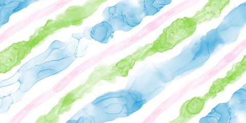 春夏用アルコールインクアートの抽象横長バナー。白背景に水色・黄緑のラフな斜めストライプ柄