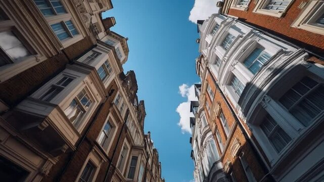 Architectural Elegance: A striking perspective of stately buildings with detailed facades framed by the clear blue sky above, showcasing their timeless design and intricate details.