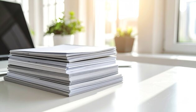 A stack of clean white papers on a modern office desk with a soft sunlight filtering through a window, creating a serene workspace.