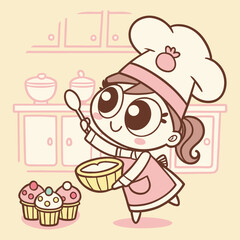 Cute chibi-style chef girl baking cupcakes, kawaii vector style, soft pastel colors