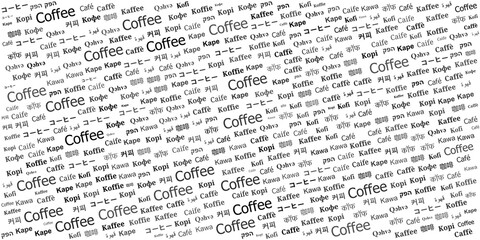 Seamless repeating pattern illustration of the word "Coffee" in multiple languages and fonts.