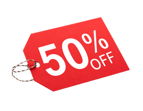 Red tag featuring fifty percent off