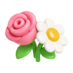 rose and daisy flowers 3d render icon isolated on transparent background cutout