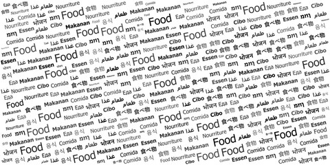 A background illustration with the word "Food" repeated in various languages