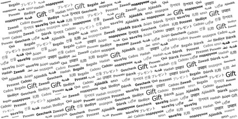 An illustration featuring the word "Gift" repeated in various languages and fonts