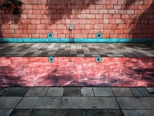 Exterior pool platform, terracotta wall