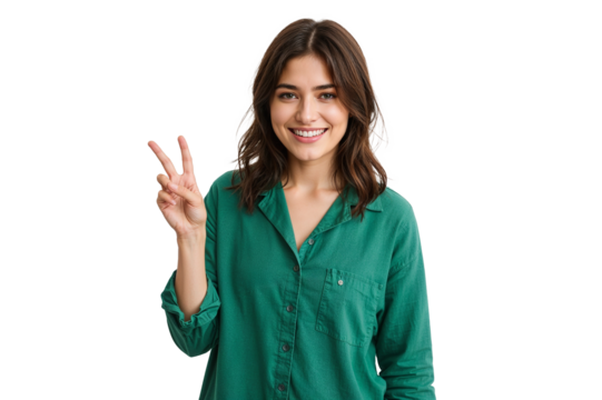young female showing peace sign with her hand