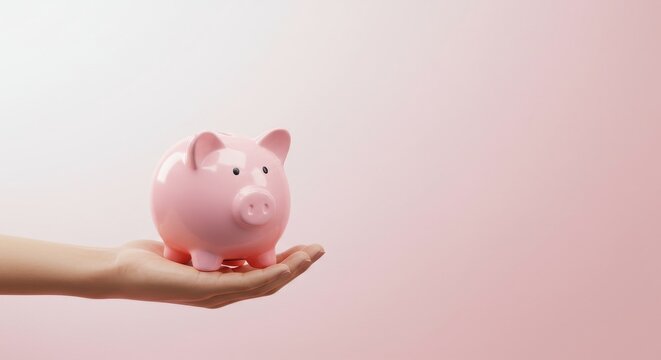 Hand holding pink piggy bank, light minimal background, gradient from white to soft pink