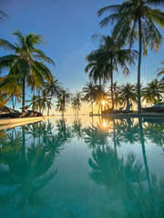 Tropical sunset view at a resort pool with palm tree reflections.