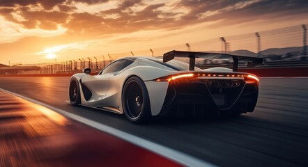 Fototapeta premium Sleek Sports Car on Racing Track at Sunset