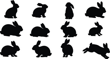 Silhouette collection of rabbits, bunny vector poses, sitting, jumping, crouching hares, black pet animal illustrations, isolated design elements, wildlife clipart, cute simple animal shapes.