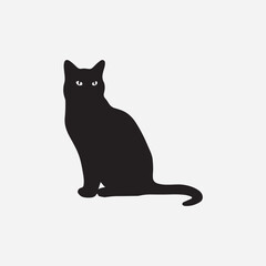 Silhouette of a sitting black cat with bright eyes on a white background, minimalistic design perfect for Halloween, pets, or graphic art themes