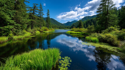 Scenic Lake Reflection in Forest with Green Grass and Blue Sky in Oregon