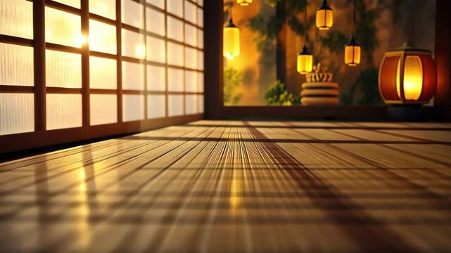Warm light shining through shoji screen onto tatami mat. Interior with serene atmosphere and light. Traditional Japanese interior with golden hour light.