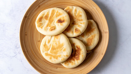 Golden brown flatbreads in a wooden bowl on marble