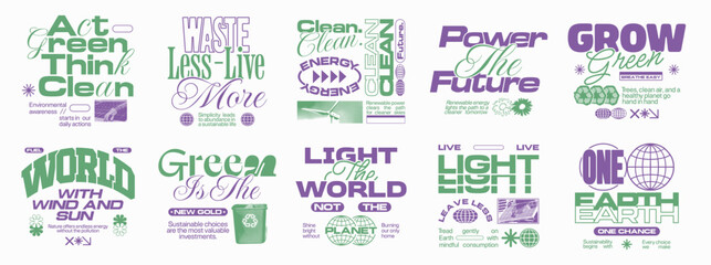 Renewable energy quote t shirt design bundle, Sustainability poster design set for print. Retro future t shirt design collection