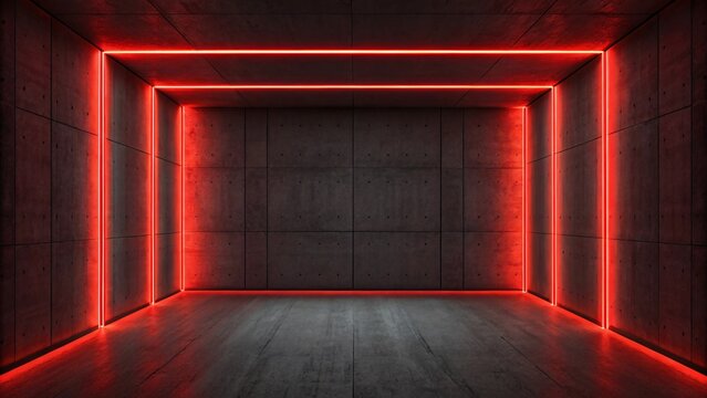 3D rendering of empty dark room with red neon lights on the wall.