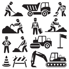 Construction and Road Work Icons Set – Stick Figure and Equipment Vector Illustration