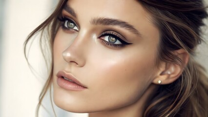 Fototapeta premium Close‑up portrait with digital eyeliner enhancements under soft lighting—merging beauty tech with graphic design accents.