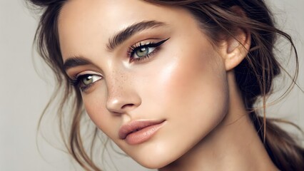 Obraz premium Close‑up portrait with digital eyeliner enhancements under soft lighting—merging beauty tech with graphic design accents.