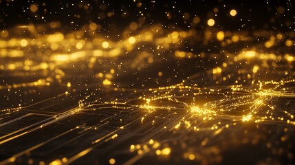 Abstract golden network circuit data background with blurred sparkling lights
