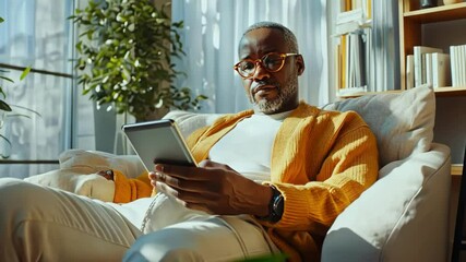 African American man using a tablet while relaxing at home on sofa in sunlight. Lifestyle, technology, indoor setting, one person, adult. - Powered by Adobe