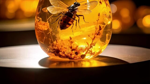 Detailed amber specimen of a bee with transparent wings preserved with plants, glowing orange, showcasing ancient insect encased in fossilized resin.