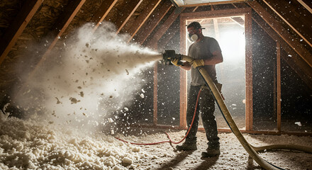 Insulation Installation Worker Spraying Cellulose in Attic